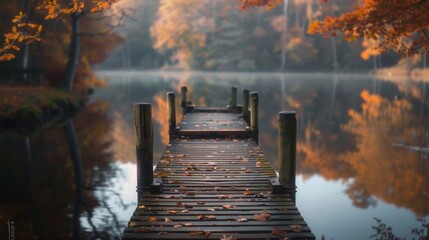 Obraz premium Tranquil wooden dock extending over a calm lake with colorful autumn trees reflecting in the water, evoking a serene and peaceful atmosphere.