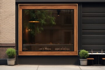 Restaurant window mockup door windowsill indoors.