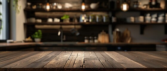 Dark wooden table with blurred kitchen background, elegant kitchen setup, refined interior