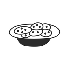 Plate with Cookies Doodle. Sweet Biscuit Icon. Pastry Bakery symbol in cartoon line style. Isolated vector illustration