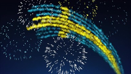 Sweden holiday banner template. Fireworks swedish flag night sky background. Swedish national holiday. Sweden flag fireworks. Template, place for text, copy space. Animated greeting card