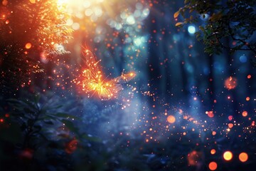 Magic And Mystical. Fairy Tale Concept of Glitter Firefly Flying in Enchanted Night Forest