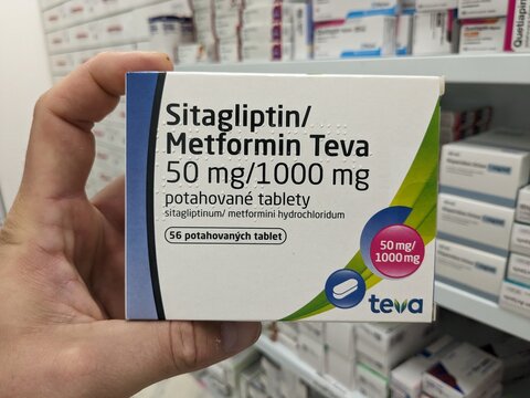Prague, Czech Republic - July 9 2024: SITAGLIPTIN METFORMIN TEVA box of tablets with SITAGLIPTIN and METFORMIN active substances by TEVA, used for treatment of type 2 diabetes.

