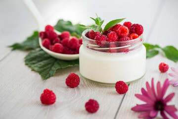 homemade food, milk yogurt with fresh raspberries