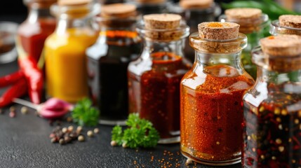 A visually appealing array of seasoning bottles with cork lids, containing various spices, neatly arranged to display the richness and diversity of culinary ingredients.