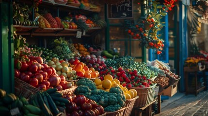 Obraz premium Colorful fresh produce at an outdoor market stand, including tomatoes, peppers, greens, and other vegetables, showcasing natural and vibrant foods.