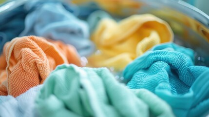 Mixed colored laundry including orange, yellow, blue, and green cloths being washed inside a transparent washing machine drum background in focus.