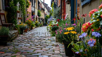 Fototapeta premium Charming cobblestone street with blooming flowers in a quaint village. Perfect for a romantic walk or peaceful stroll.
