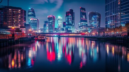 Naklejka premium Night city skyline with skyscrapers and colorful reflections in water. City lights glow brightly in the dark creating a vibrant atmosphere.