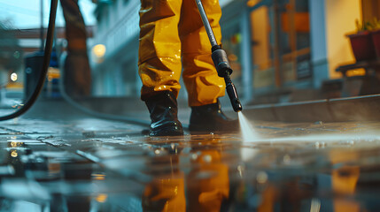 Fototapeta premium Deep cleaning under high pressure. .Workers cleaning driveway with pressure washer, professional cleaning service