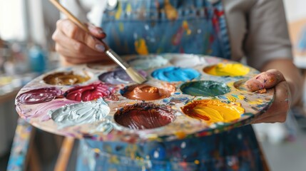 Fototapeta premium A focused scene showing an artist's hand holding a paintbrush and mixing vivid colors on a palette. This image captures the essence of creativity, art, and inspiration.
