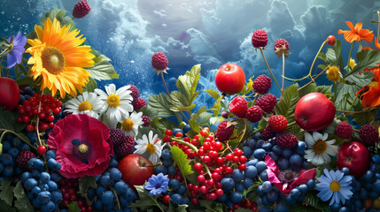 beautiful and luxurious flowers background, poppies, sunflowers, daisies, viburnum, apple flowers, oak leaves, multi-colored ribbons, with raspberries, lingonberries, blueberries and strawberries
