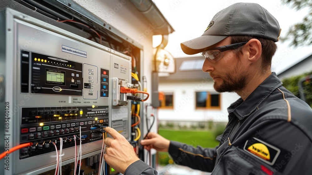 Poster A modern, well-lit house, highlighting the updated electrical system, an electrician is installing a new state-of-the-art distribution panel with organized and labeled cables. Generative AI.