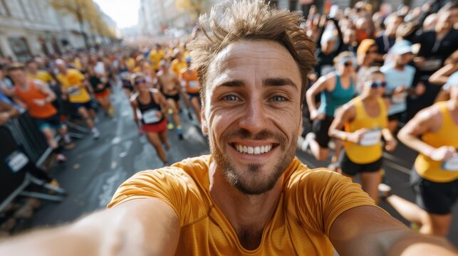 A joyful runner in a yellow shirt, taking a selfie while participating in a marathon, surrounded by a crowd of fellow runners, capturing the excitement of the event.