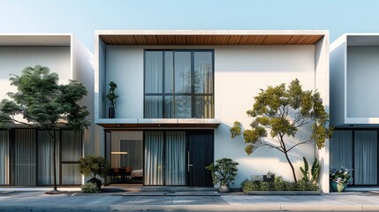 Fototapeta premium Design urban houses, clear lines, show simplicity, main texture is white and slide black door in front, street in front. Generative AI.