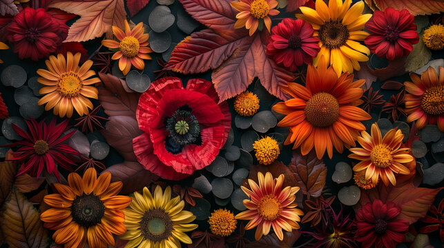 beautiful and luxurious flowers background, poppies, sunflowers, daisies, viburnum, apple flowers, oak leaves, multi-colored ribbons, with raspberries, lingonberries, blueberries and strawberries