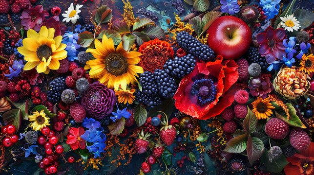 beautiful and luxurious flowers background, poppies, sunflowers, daisies, viburnum, apple flowers, oak leaves, multi-colored ribbons, with raspberries, lingonberries, blueberries and strawberries
