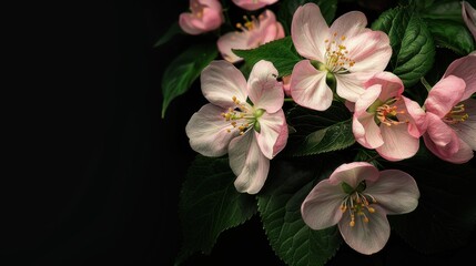 A stunning close-up of delicate pink cherry blossoms with a black background, showcasing the intricate details of the petals and vibrant green leaves, illuminated by soft, natural light creating a