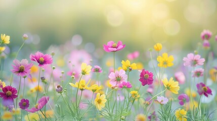 Fototapeta premium A beautiful flower background featuring a field of wildflowers in full bloom, with a mix of colors including pink, yellow, and purple, set against a soft green backdrop, capturing the vibrant and