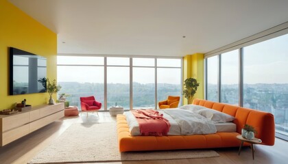 Modern bedroom with harmonious bright colors