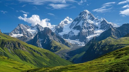 A breathtaking mountain landscape with towering peaks covered in snow, lush green valleys below, and a clear blue sky above, capturing the majesty and grandeur of nature in a pristine, untouched