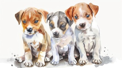 Adorable watercolor illustration of three puppies sitting together, showcasing their cute expressions and playful poses against a white background.