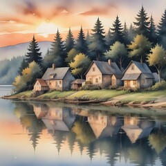 Fototapeta premium Rustic watercolor depiction of a quaint rural village situated on the shores of a tranquil lake, the settlement's structures and trees mirrored in the calm waters below a glowing sunset sky