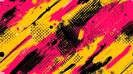 seamless pattern, Vibrant abstract art with bright splashes of pink, yellow, and black, creating a dynamic and energetic composition.