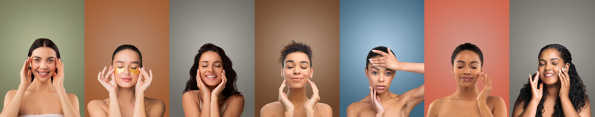 Fototapeta premium A series of images features six diverse women applying various skin care products on their faces, against a backdrop of different colored walls. They are all showcasing their radiant skin.