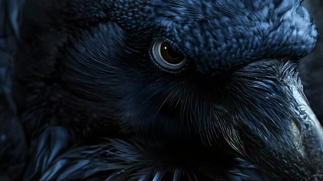 Animation of creepy black crow or raven on dark background. Gothic background with mysterious magic bird looking at camera and turn his head. Horror and Halloween concept. 