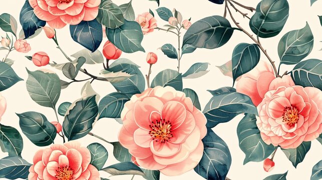 Seamless watercolor camellia flowers in full bloom with delicate leaves on a sophisticated backdrop