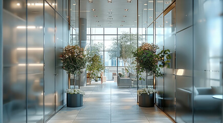 Sales loft office for a developer, seamless self-leveling floor, all in frosted glass partitions, behind the glass there are flowers and plants on the street. Generative AI.