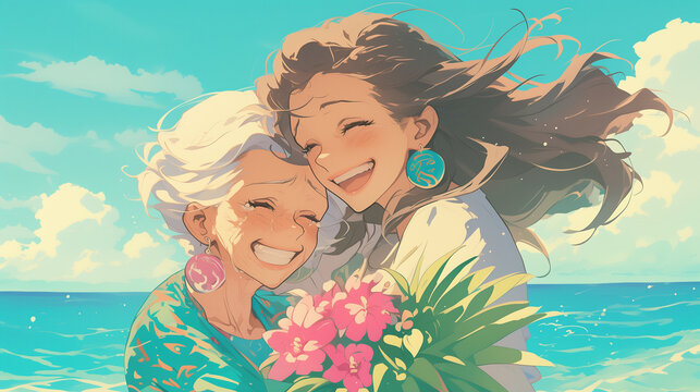 Pride month. Senior mature lesbian couple laughing, hug, anime