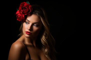 Naklejka premium Woman with Red Rose in Hair and Red Lips Posing Elegantly Against a Black Background