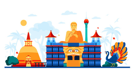 Religious temples of Sri Lanka - modern colored vector illustration with White Dagoba, Dambulla Golden Temple, Colombo Lotus Tower and peacock as a symbol of prosperity. Traveling in Asia and tropics