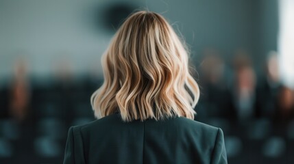 A confident woman with blonde hair stands with her back facing the camera in a professional setting, symbolizing leadership and determination within a corporate environment.