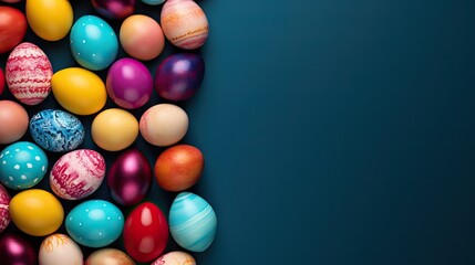 Obraz premium Colorful handcrafted Easter eggs on blue backdrop Minimalistic concept Top down perspective Text space on card Copy space image Place for adding text or design 