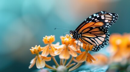 Fototapeta premium A stunning monarch butterfly perched on yellow flowers, showcasing its vibrant orange and black patterned wings in a natural, serene setting.