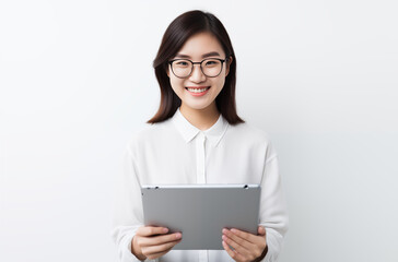Smiling Asian Woman Holding a Digital Tablet and Standing Against a White Background in a Studio Setting