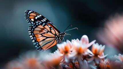 A calming image of a butterfly with distinct orange and black wings resting on flowers, portraying the peaceful harmony of a natural, outdoor environment.