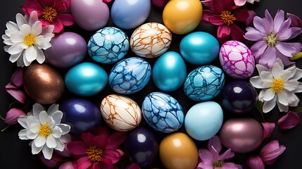 Colorful handcrafted Easter eggs on blue backdrop Minimalistic concept Top down perspective Text space on card Copy space image Place for adding text or design 