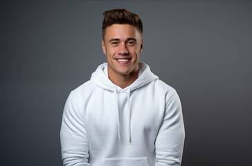 Obraz premium Smiling Young Man in a White Hoodie Posing Confidently Against a Grey Background in a Studio Setting
