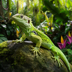 Obraz premium vibrant green lizard perched on a moss-covered rock in a lush tropical rainforest