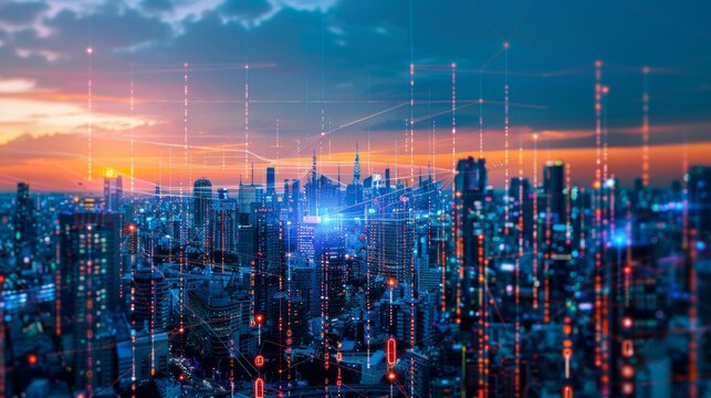 A smart city network showcasing IoT and ICT technology.

