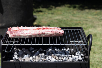 Image of raw pork ribs spread out on a grill, above glowing charcoal, set against an outdoor backdrop illustrating preparation of a traditional barbecue meal.