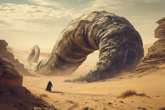 Huge Sand Worm, Giant Sandworm Raising Up From the Desert Depths, Little Man in Black