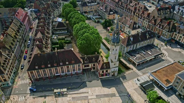 Clock tower, Evreux, Normandy in France. Aerial top down sideways