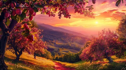 Fototapeta premium Serene fruit farm with plum trees bearing ripe plums, set against a vibrant sunset.