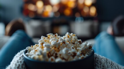 A close-up view of a bowl of popcorn in focus, centered in the foreground, with a blurred background scene, creating a cozy and inviting atmosphere perfect for relaxation.