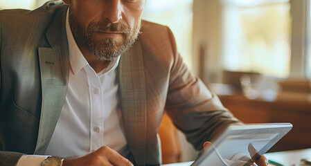 Fototapeta premium A businessman sitting at a clean desk, intently focused on a tablet. Generative AI.